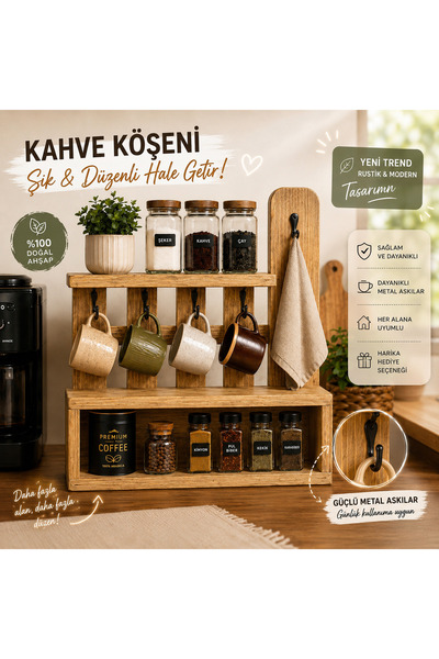 ustawood Doğal Masif Ahşap Kahve Köşesi Düzenleyici Kupa Askılığı Baharatlık ...
