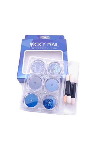 OEM Vicky Διακοσμητική Σκόνη Γκλίτερ για Νύχια Μπλε 6 τεμάχια x 0.8γρ & 6 πιν...
