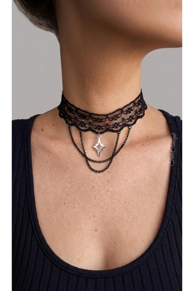 TakıConcept Kuzey Yıldızı Detaylı Dantel Siyah Gotic Kolye Tasma Choker Kadın...