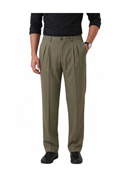 Rizz up Khaki Baggy Fit Pleated Fabric Trousers – Lycra, Elastic Waist, Comfo...