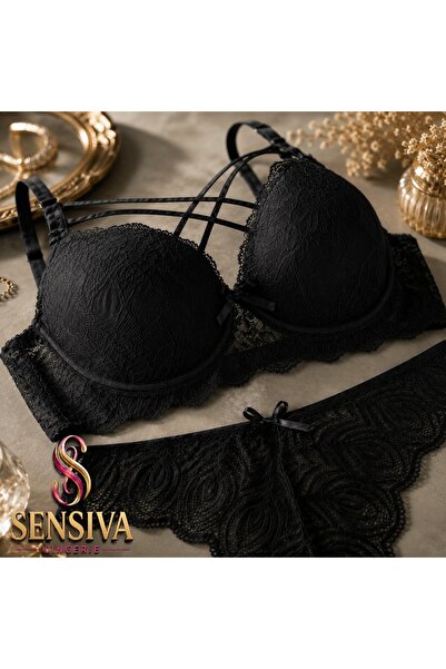 sensiva lingerie طقم حمالة صدر مبطن برباط متقاطع، مريح ومرن، ذو مظهر أنيق، أسود