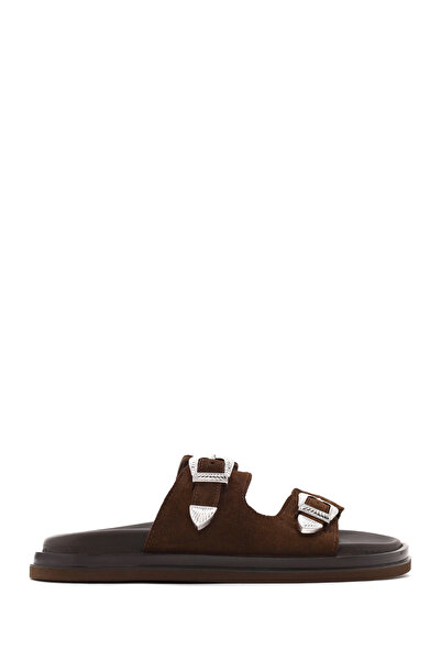 Derimod Women's Brown Double Buckle Suede Leather Slippers 26Sfd271810