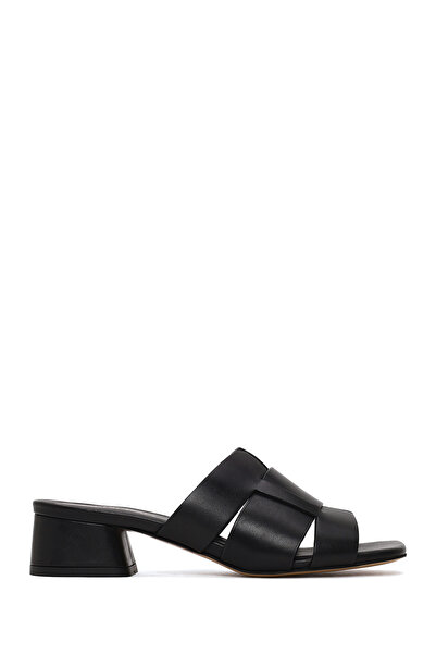 Derimod Women's Black Short Thick Heeled Leather Slippers 26Sfd141818