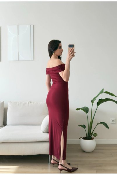 Zoom Butik Madonna Yaka Long Elbise - BORDO