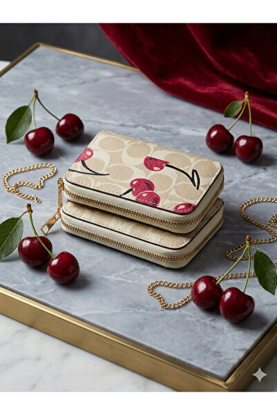 ötüken Kadın Monogram Zeminli Kiraz Desenli Mini Cüzdan