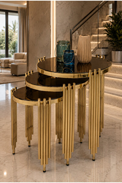 casa nexa Gold 3'lü Zigon Sehpa Takımı Siyah Cam Gold Ayak Modern Salon Oturm...