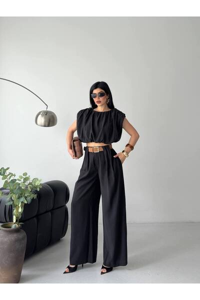 SUXİRCNHTMTS Women's Drawstring Crop Blouse and High Waist Palazzo Pants Two ...