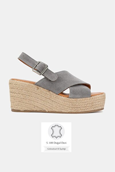 TUNAELLİ Women's Gray Suede Genuine Leather 36-41 Size Wedge Heel Daily Espad...
