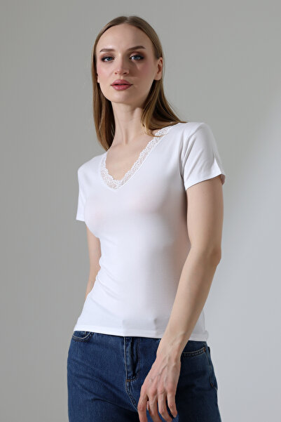 ModaPlaza Women's V-Neck Collar Lace Short Sleeve Badi 22268