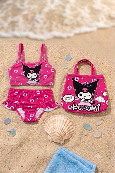 ARBİ kids Devojčički roze trodelni bikini set sa printom likova i torbom