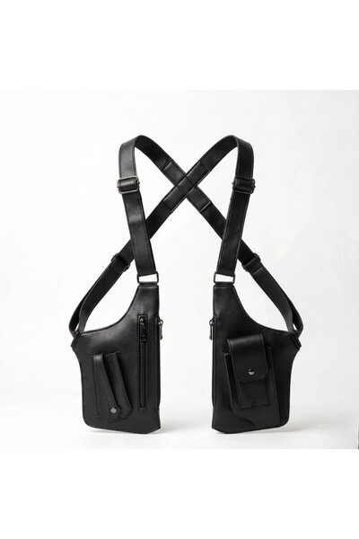 AYAKTA MODA Unisex Siyah Deri Görünümlü Çapraz Askılı Çok Cepli Harness Göğüs...
