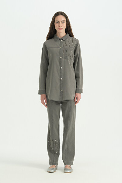 Nihan Shiny Stone Denim Pants Cotton Set - Smoked