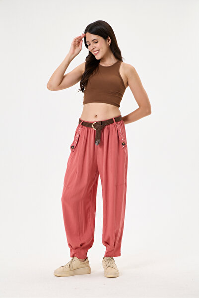 della moor Women's Coral Italian Carrot Fit Elastic Waist Belted Casual Tence...