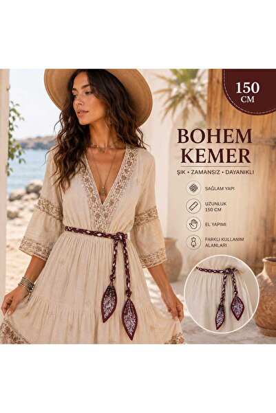 beyna aksesuar Natural Handmade Belt with Candle-Weaving Strap and Colorful Beads, 150 cm