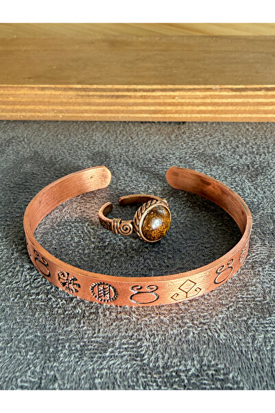 Rupen Kraft Handcrafted copper bracelet and natural stone ring set, adjustabl...
