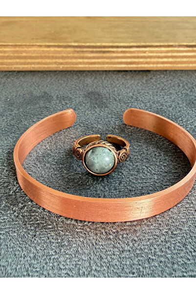 Rupen Kraft Handcrafted copper bracelet and natural stone ring set, adjustabl...