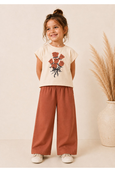 LİLİYUM Girl's Rose Printed Thin Summer Wide-Leg Pants Two-Piece Set 2-5 Year...