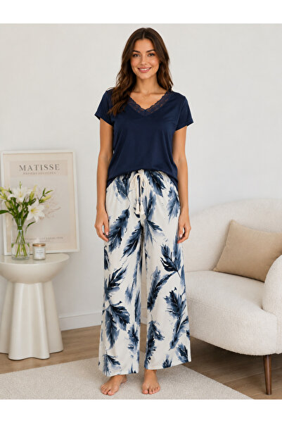 zahider Women's Draped Woven Viscose Patterned Trousers with Elastic Waistband