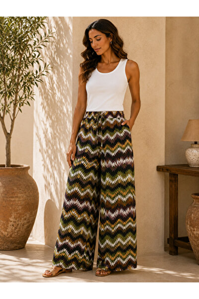 TUSSE Women's Woven Elastic Waist Printed Patterned Plus Size Palazzo Trousers
