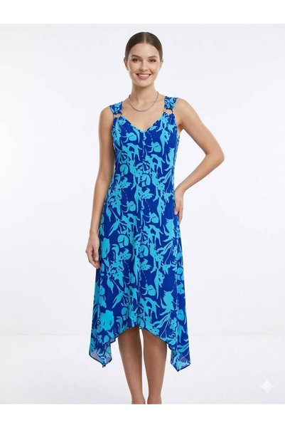 520CK Women's Blue Patterned Strappy V-Neck Asymmetrical Cut Summer Dress