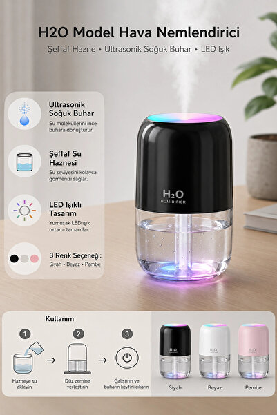 Tilbe Home H2O Model Şeffaf Hazneli Ultrasonik Hava Nemlendirici 200 ml LED Işıklı USB Masaüstü Buhar Makinesi