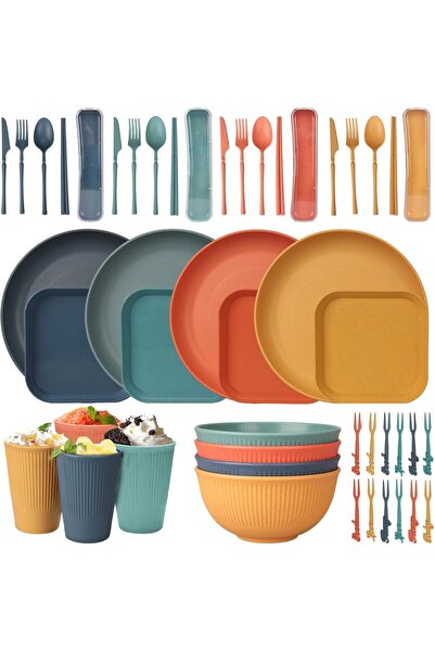 Generic Unbreakable Plastic Dinnerware Set for 4, 48-Piece Colourful Plates, ...