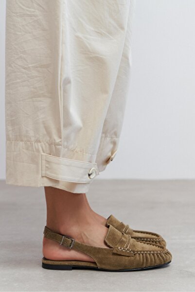 NİŞANTAŞI SHOES Velvet Rome Beige Suede Belt Detailed Flat Sole Women's Loafe...