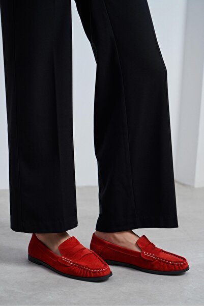 NİŞANTAŞI SHOES Rita Kırmızı Süet Hakiki Deri Kadın Loafer Ayakkabı