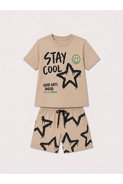 YİGİT BUTİK Boy's Stay Cool Printed Shorts Set Beige