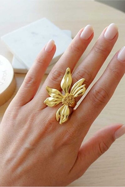 KYOLA DESİGN Asymmetric Big Flower Adjustable Gold Women's Ring