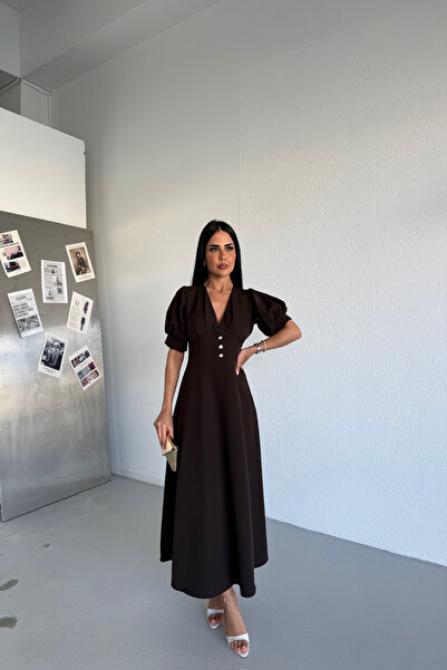 KAMACI BUTİK V-Neck Dress with Button Detail Design