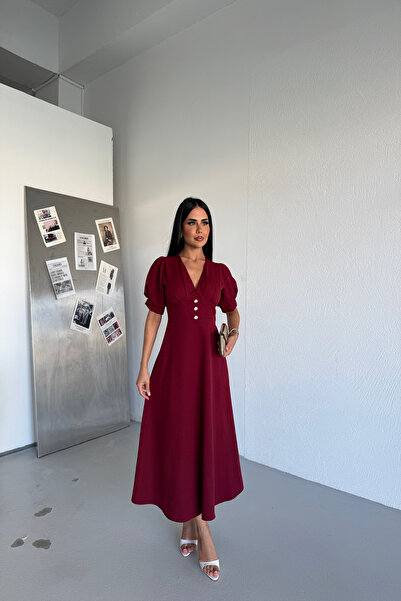 KAMACI BUTİK V-Neck Dress with Button Detail Design
