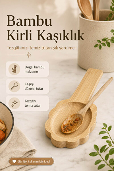 Anadolu Saray Çiçek Desenli Bambu Kirli Kaşıklık Doğal Ahşap Kaşık Altlığı Mu...