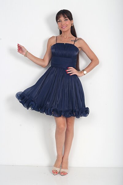 By Saygı Women's Rope Strap Lined Skirt with Ruffled Hem and Draped Chiffon S...