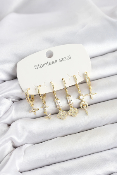 Clariss 316L Steel Gold Color Zircon Stone Clover Detailed Women's Earring Set
