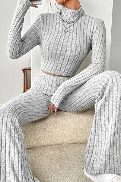 kapsulavm Women's Grey Striped High Neck Crop Top and High Waist Pants Set