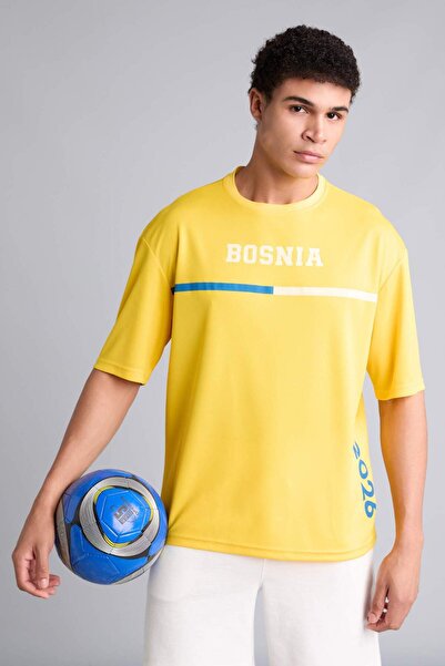 DeFacto Boxy Fit Crew Neck Bosnia Printed Short Sleeve Yellow T-Shirt I1072Ax...