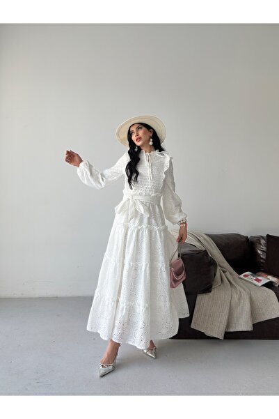 D'RECCY Women's Special Design Nevrür Detailed Belted Scallop Long Hijab Dress