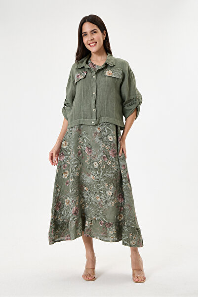 della moor Khaki Italian 100% Linen Floral Patterned Double Breasted Linen Su...