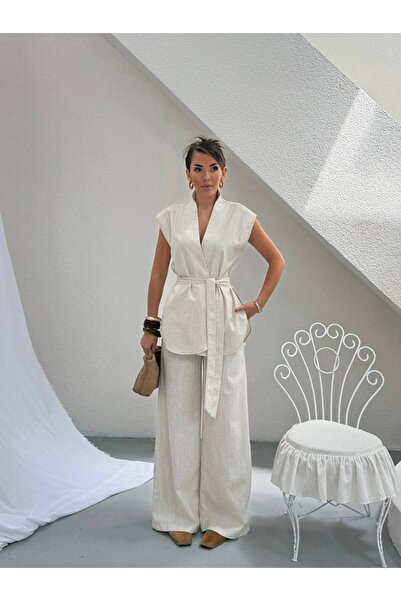 D'RECCY Women's Double-Breasted Collar Belted Detailed Wide-Leg Linen Set