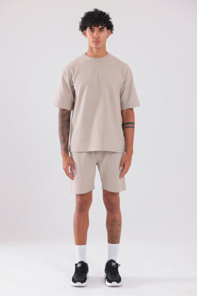 Rowinger Waffle Textured Oversize T-Shirt and Shorts Men's Set