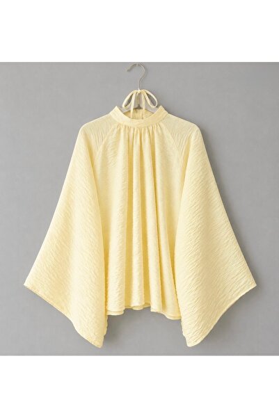 KEVRA Self-Textured Bat Sleeve Blouse with Tie Detail