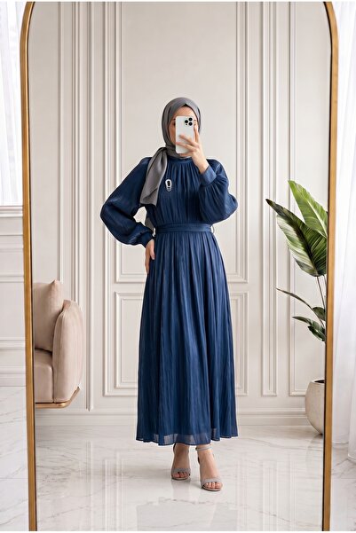 MİHRA STORE Sabina Front Gathered Janjan Dress-Ge834 Navy Blue
