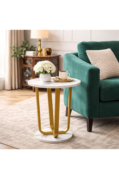 Vivendo Masuta rotunda, blat efect marmura, cadru metalic auriu, design moder...