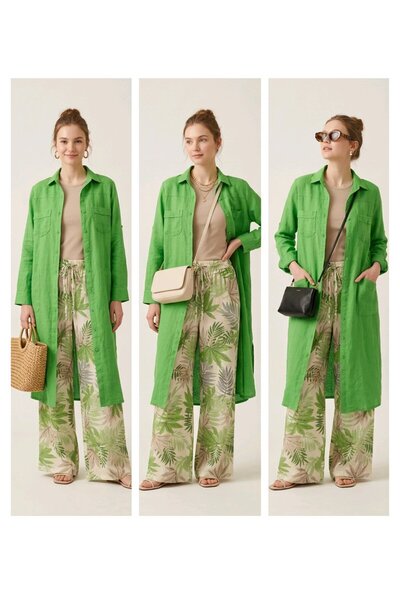İthal Women's Pink Tropical Leaf Patterned Slit Trousers Kimono Linen Set