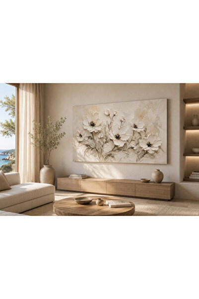 EvimeTablo Beyaz Çiçek Kanvas Tablo – Modern Dokulu Floral Duvar Tablosu – Be...