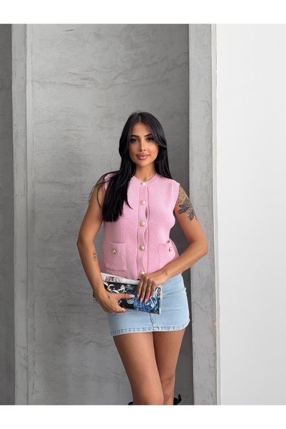 erki triko Metal Buttoned Pocketed Cotton Summer Seasonal Knitwear Vest
