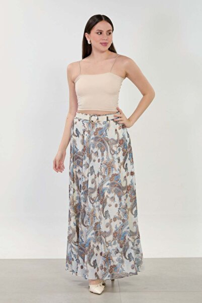 BARRELS AND OIL Women's Belted Paisley Patterned Chiffon Skirt - Ecru