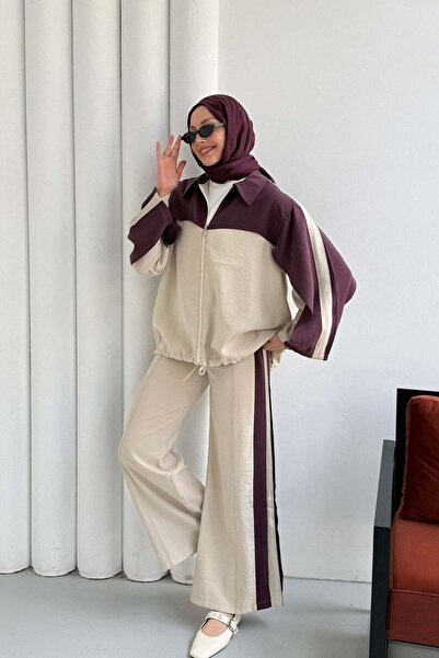 Modaensarbutik Modal Kumaş Fermuar Garnili Pantolonlu Tesettür Takım-BORDO