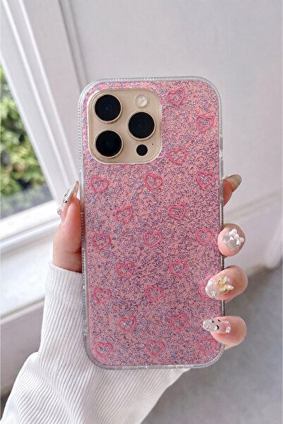 MustCase iPhone 14 Pro Max Uyumlu Pembe Kalp Desenli Holografik Telefon Kılıf...